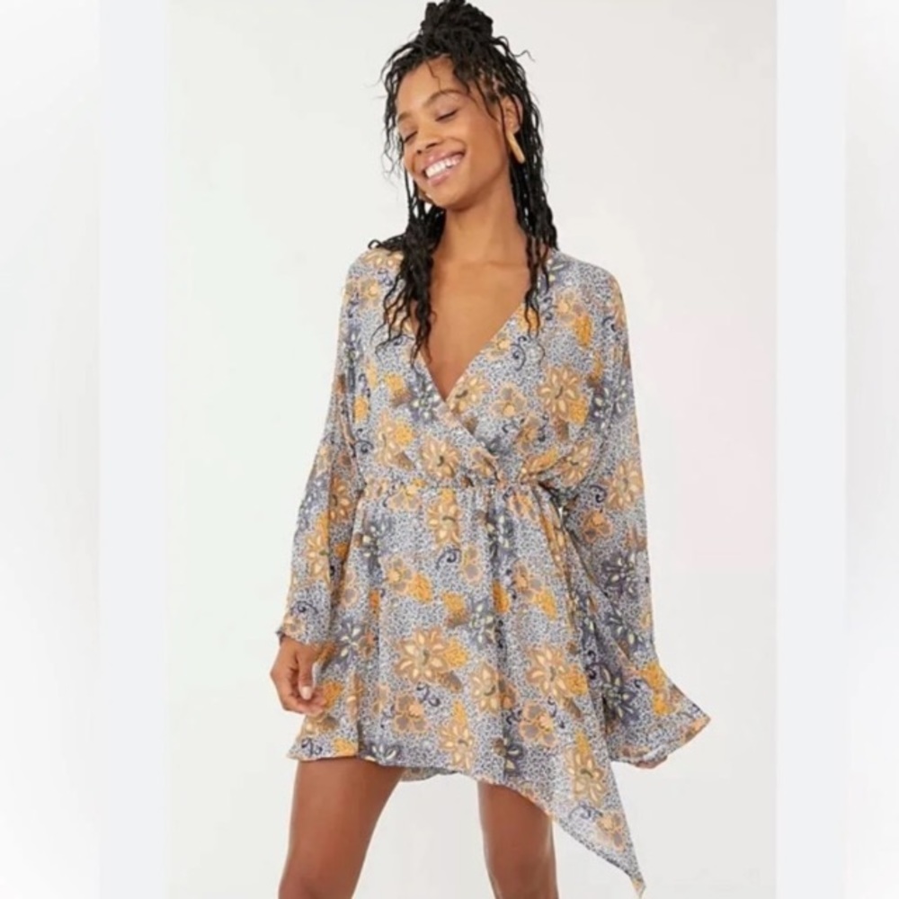 NWT Free People Teegan Mini Dress in Sky Combo Sz L.